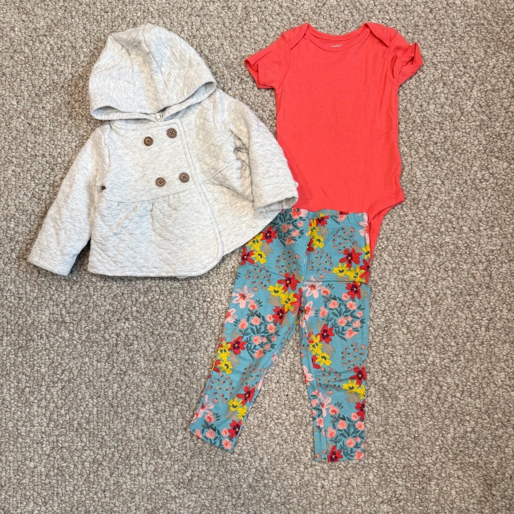 Carters Baby Girls 3 Piece Set Quilted Jacket Bodysuit & Pants Size 12 Months